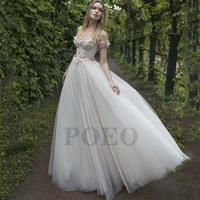 elegant wedding dress exquisite appliques off the shoulder floral print tulle princess prom gown vestido de novia for women