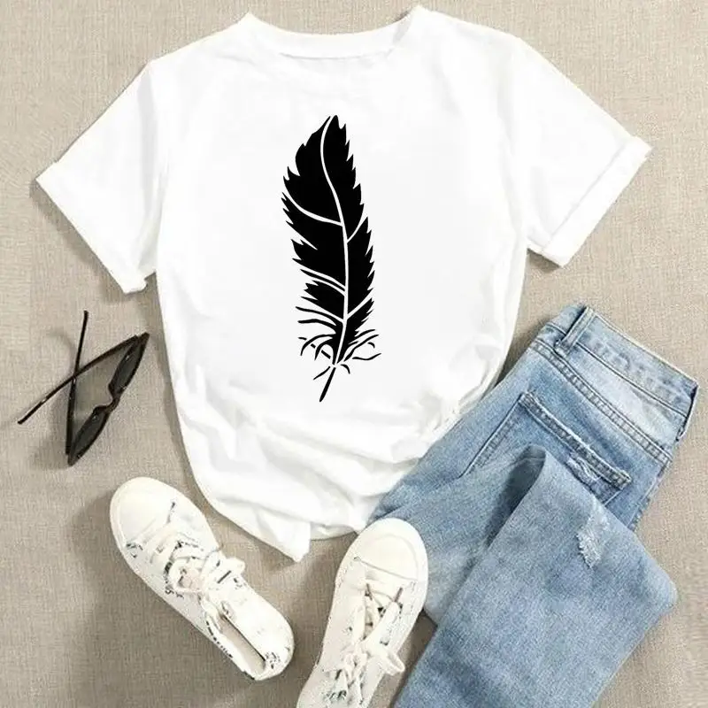 

Женские винтажные футболки с принтом перьев, летние модные футболки с мультяшным рисунком, топы, женская одежда, футболка с коротким рукаво...