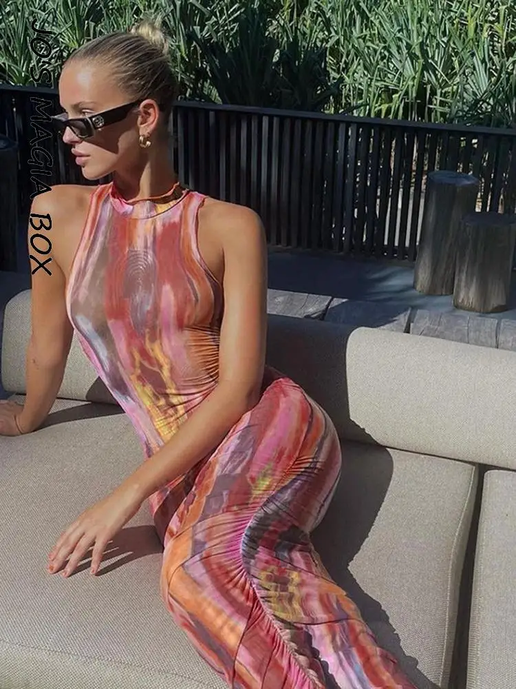 

Jo's Magia Box Print Flowers Sleeveless Bodycon Sexy Maxi Women's Dress 2022 Summer Party Club Elegant O Neck Long Women Dresses