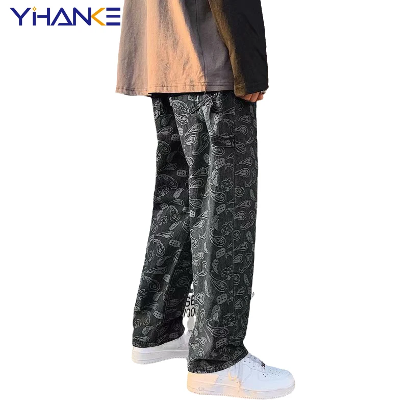 YIHANKE Cashew Flower Black Jeans Men Straight Tube Loose Spring and Autumn Summer Korean Fashion Men Baggy Pants Denim Trousers