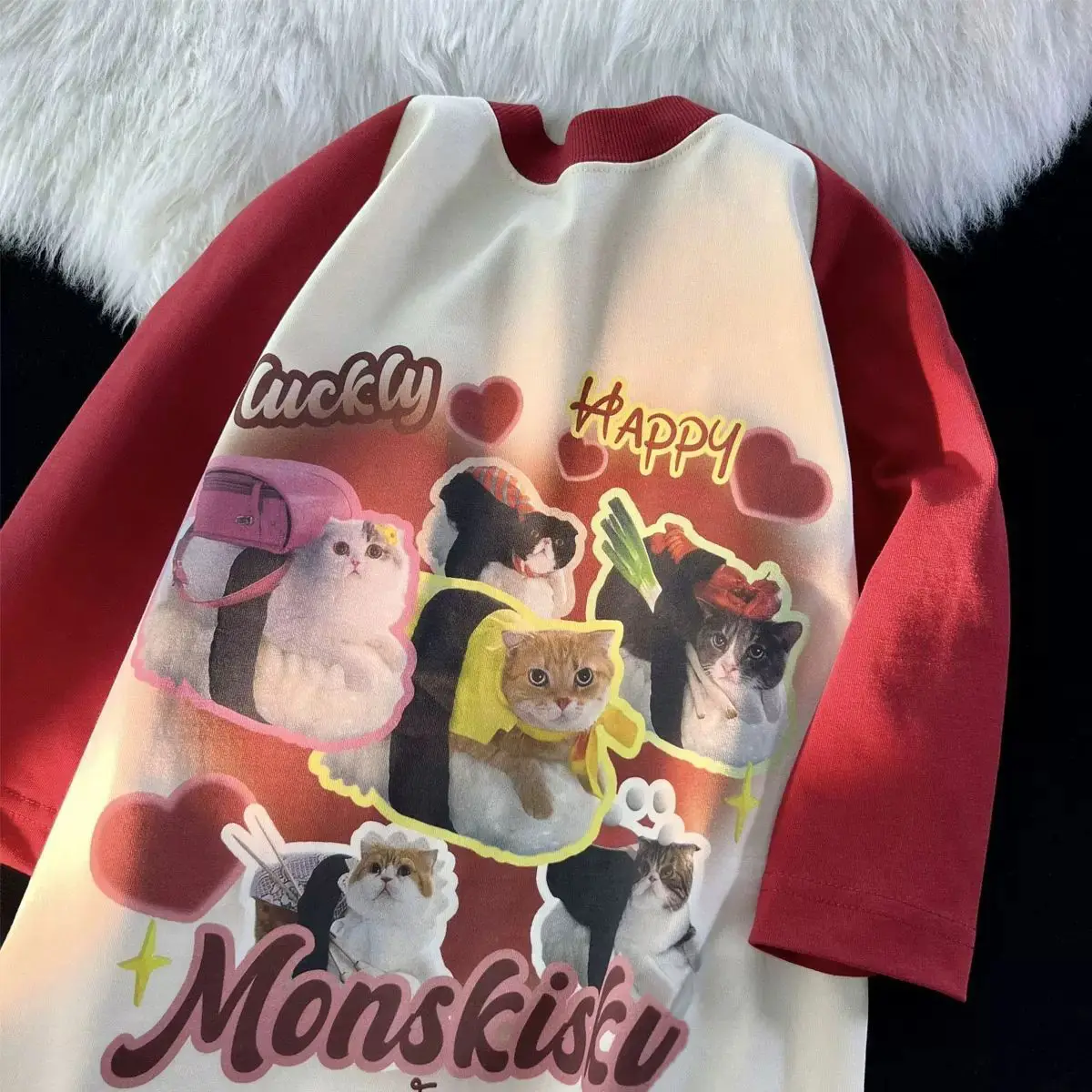 

Creative personality cute cat print raglan sleeve stitching design niche t-shirt female summer new couple dress half-sleeved top