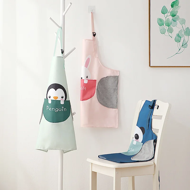 

Hand Wipe Apron Female Cute Apron Household Kitchen Apron with Rag Waterproof and Oil-proof Cooking Apron