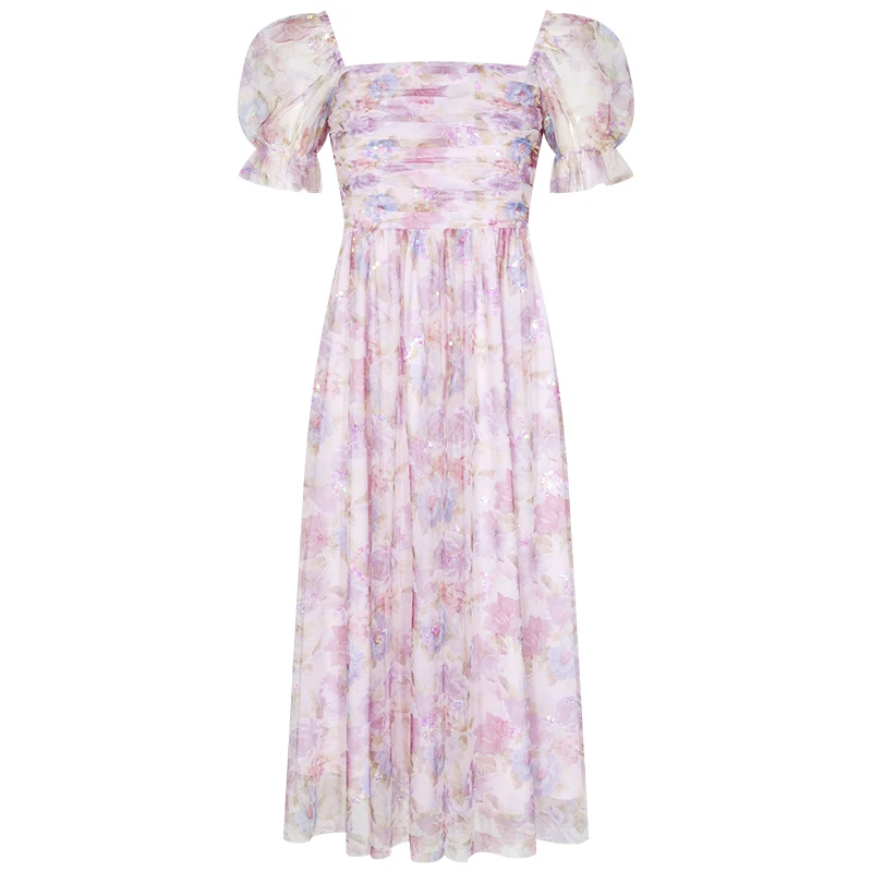 

YIGELILA Summer Fashion Women Mesh Print Dress Elegant Square Neck Puff Sleeve Dress Empire Slim A-line Dress Mid-Calf 66643