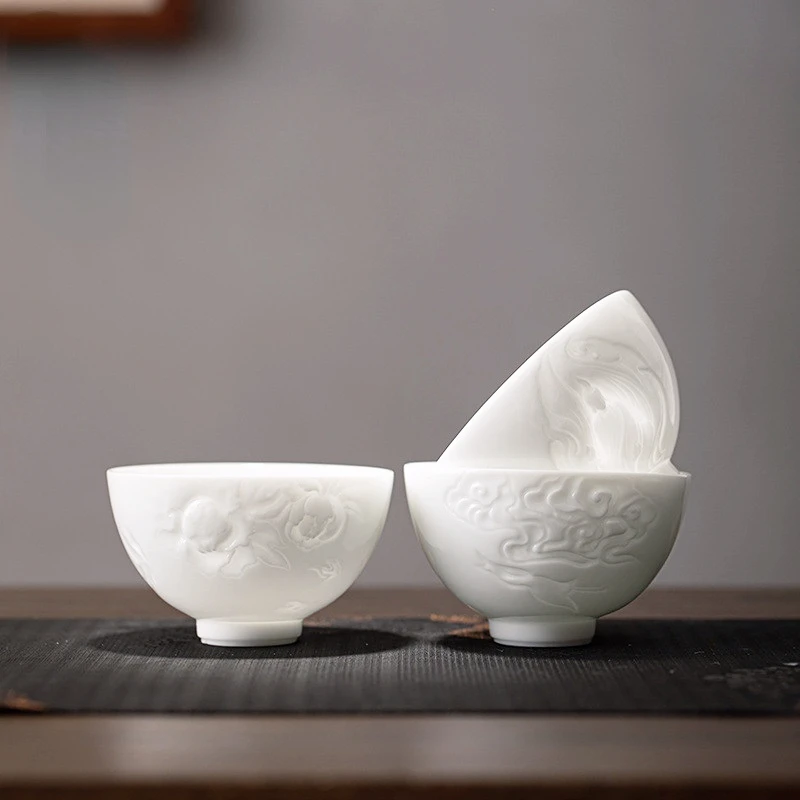 Ice Seed Jade Porcelain Master Cup High Grade Tea Large Hand Relief White | Teacups