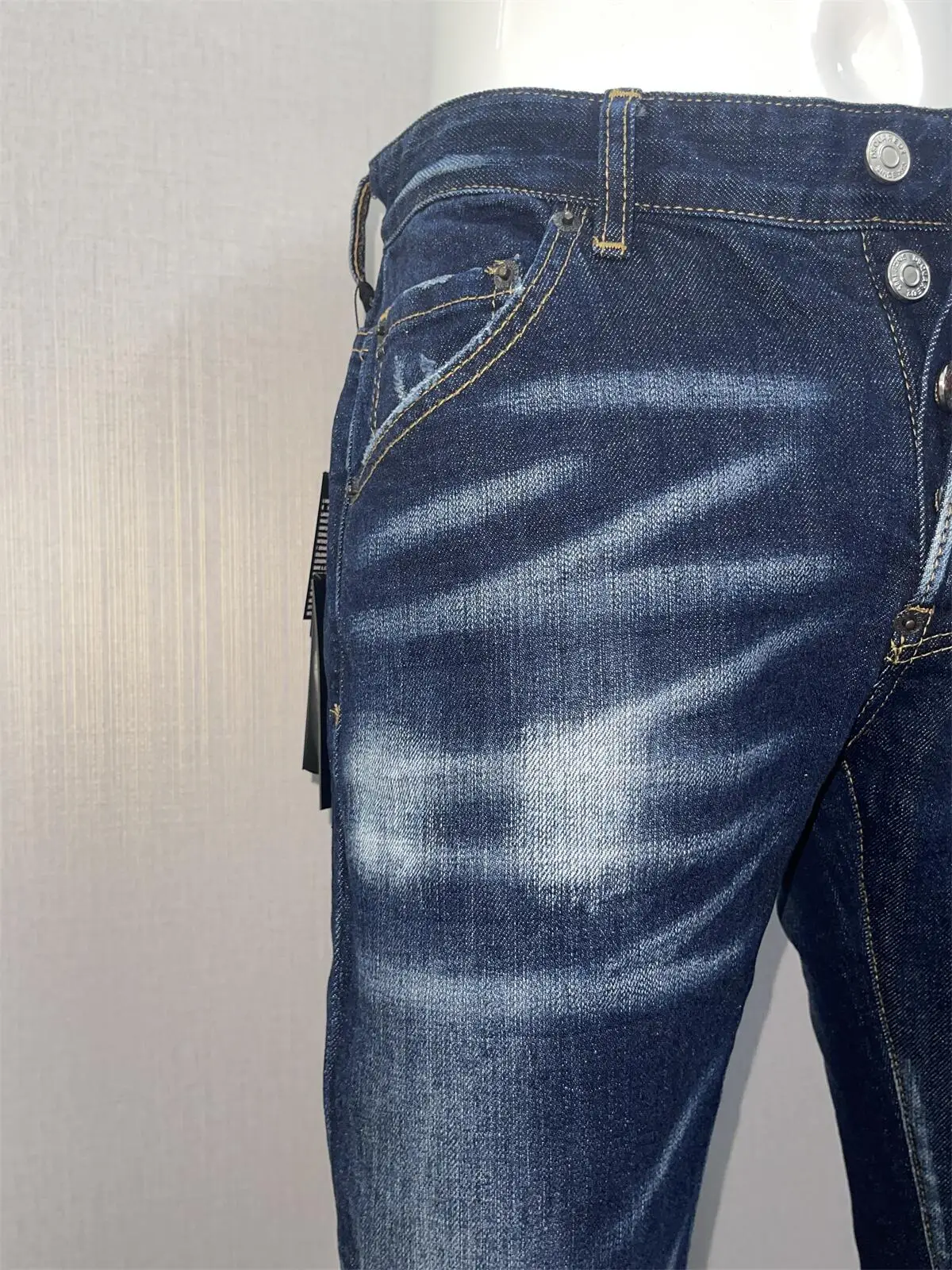 Spring and Summer New Fashion Men's Washed Denim Pants with Worn Hole Patches and Paint 3D Cutting Small Feet Deep Blue Jeans