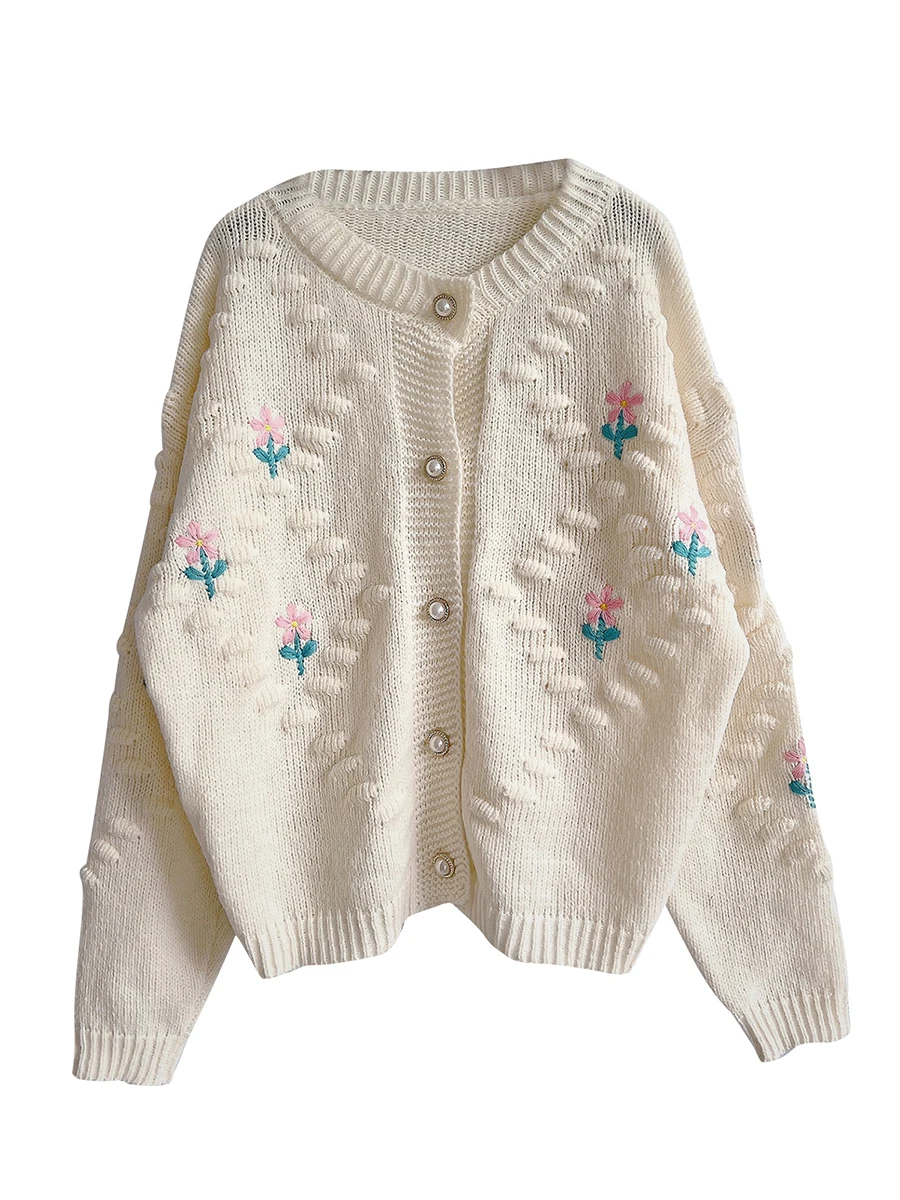 

Women's Autumn Winter Knitted Sweater Beige Long Sleeve Flower Embroidery Button Knitwear