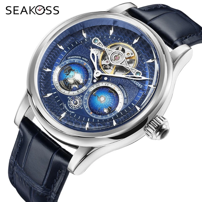 Мужские механические часы SEAKOSS 1963 с автовращением и двойным циферблатом земли |