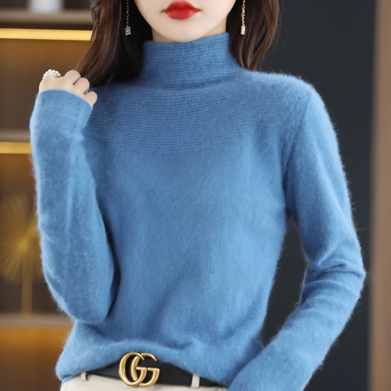 Норковый кашемировый свитер пуловер с полувысоким воротником женский