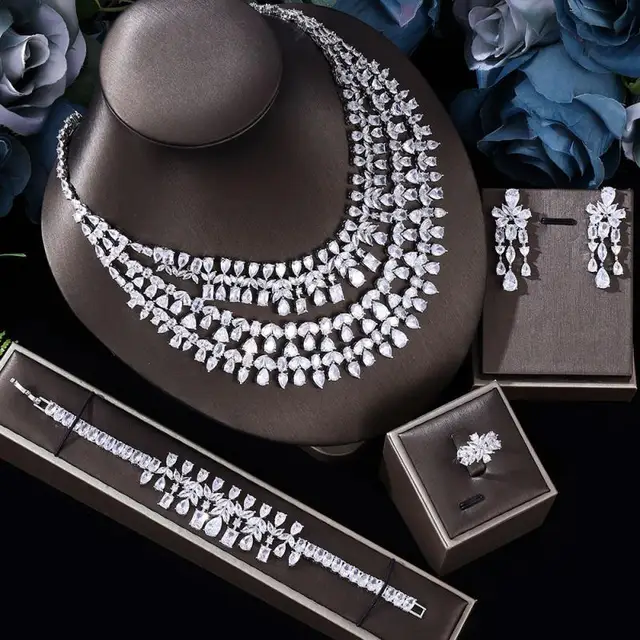 Janekelly 4pcs Bridal Zirconia Full Jewelry Sets For Women Party, Luxury Dubai Nigeria CZ Crystal Wedding Jewelry Sets 2