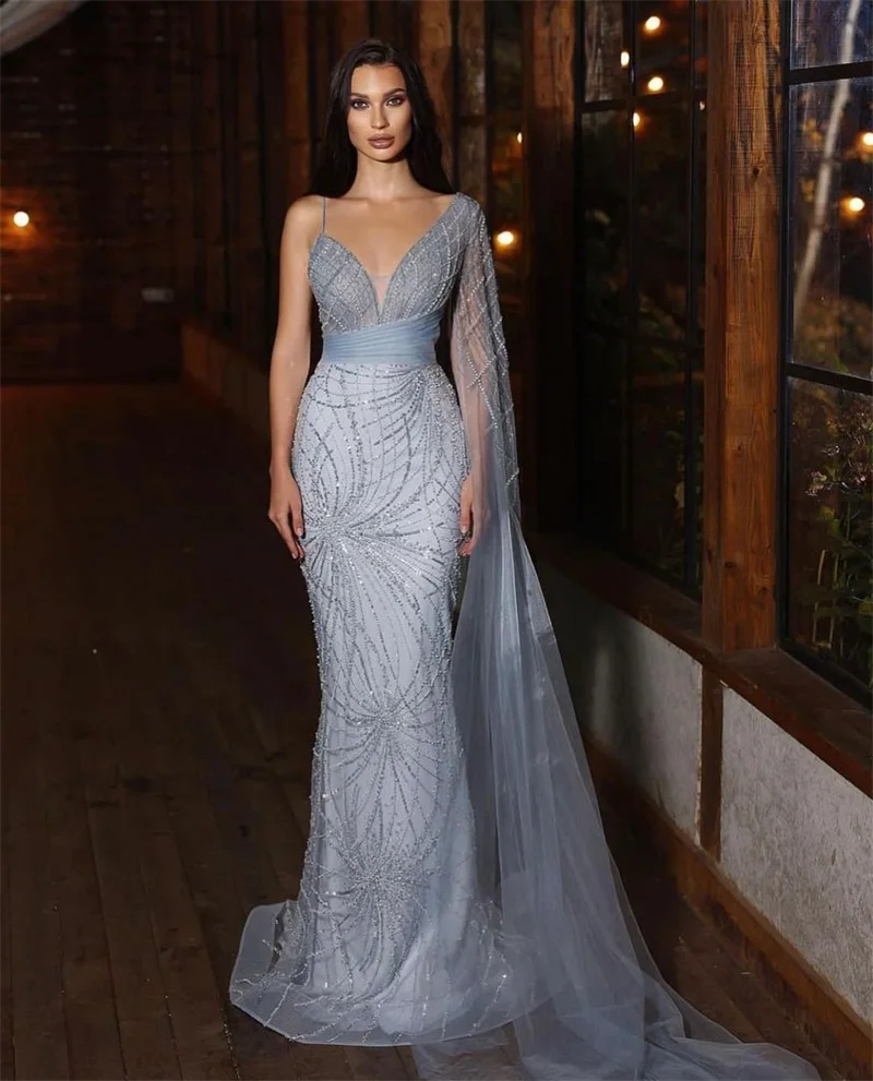 

Silver Cape Prom Dress Tulle Spaghetti Straps Sleeveless Appliques Sequins Formal Evening Party Gowns Custom Made Red Carpet