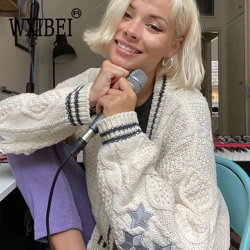 

WXIBEI Women's Jumper Slight Strech Loose Star Embroidery Trend V-neck Cardigan Fashion Warm Sweater 2022 Cardigan Mujer FC7763
