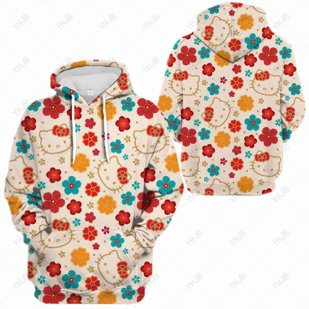 

2023 Design Sense Cartoon Hello Kitty Print Tie Dye Sweatshirt Ladies Autumn Winter Hoodie Street Fashion Versatile Pocket Top