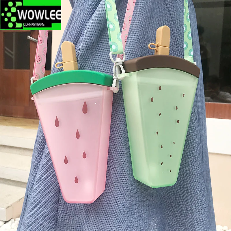 

Plastic Water Bottles with Straw Cute Watermelon Ice Cream with Straw Bottle Anti-fall Portable Popsicle Cup Kids Gym Bottle