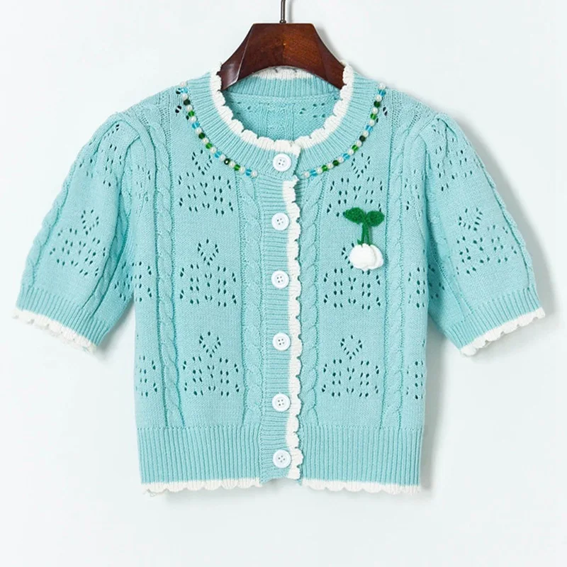 

Женская футболка с бисером, повседневный ТРИКОТАЖНЫЙ УКОРОЧЕННЫЙ ТОП синего цвета с цветочным принтом, модная футболка для отдыха в японск...