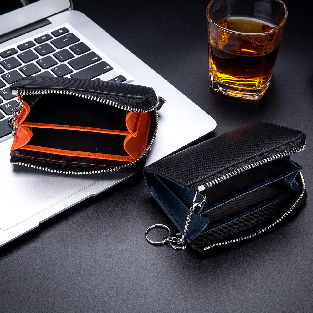 Card Holders For Men Leather Carbon Fiber Pattern Coin Purse Zipper Business Cowhide Material Mens Wallet Billeteras De Hombre