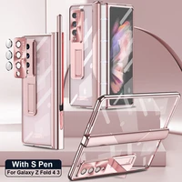 with pen plating clear magnetic case for samsung galaxy z fold 4 3 5g full screen protector transparent pc kickstand phone cover