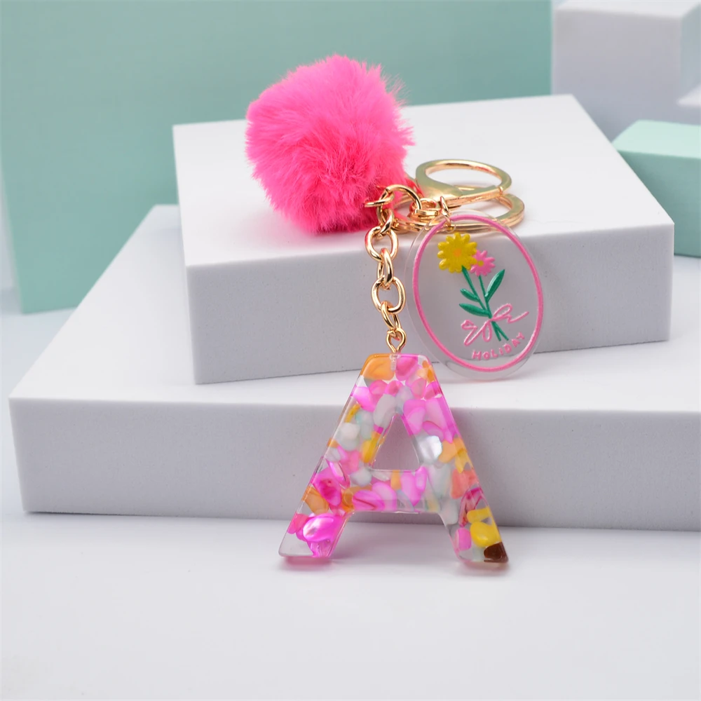 

Pink Hair Ball Letter Keychain Popular Europe and America 26 English Key Ring Lady's Bag Fashionable Simple Pendant Accessories