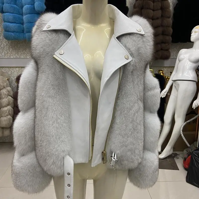 Женское зимнее пальто из натурального Лисьего меха кожаная куртка роскошная