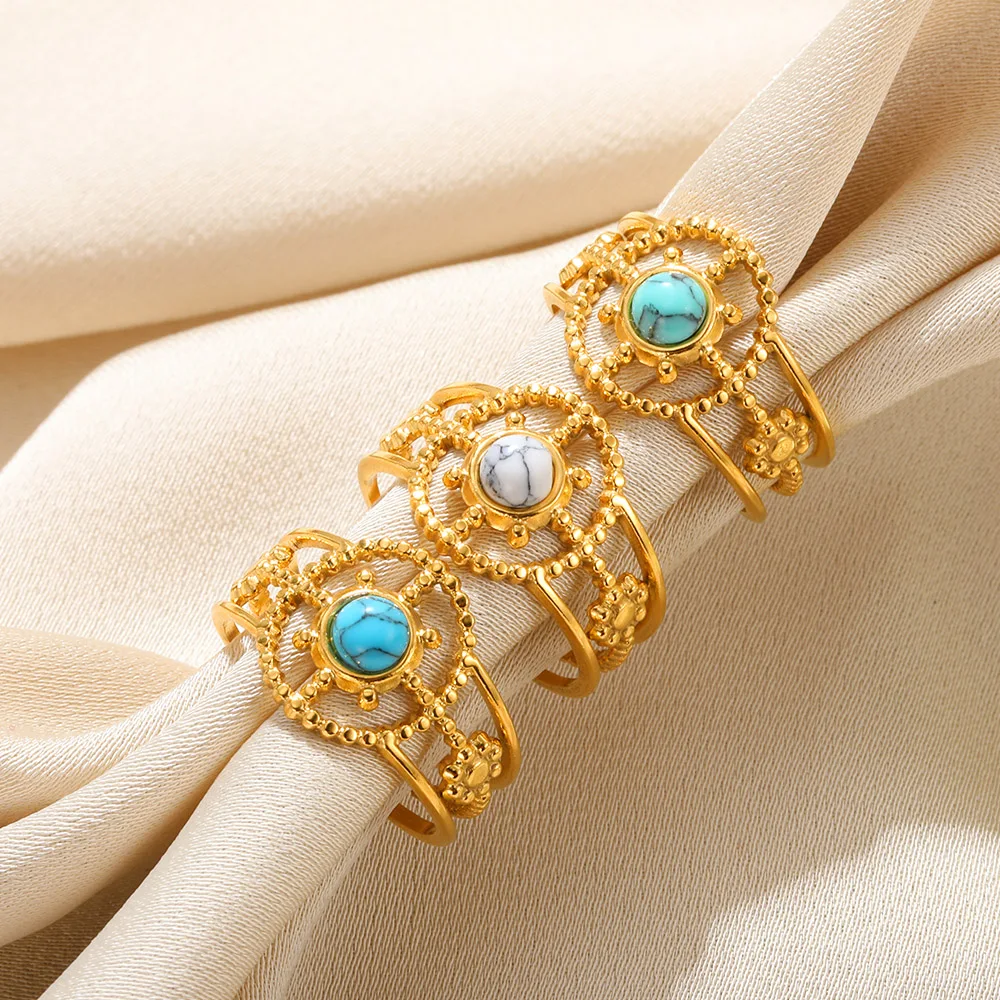 

PVD Plated Stainless Steel Rings 18K Gold Color Opening Adjustable Ring Natural Stone Vintage Jewelry For Women Birthday Gift