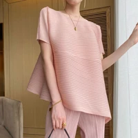 2022 summer minimalism asymmetric textured loose short sleeves diagonal elegant pleated t shirt women top