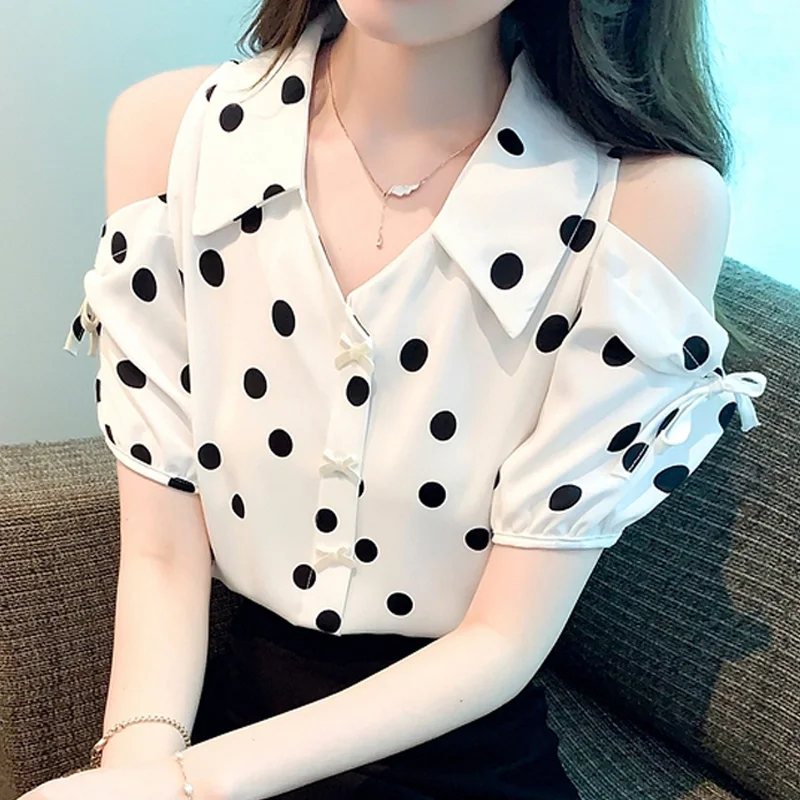 

Off Shoulder Polka Dot Shirt Women Summer Tops Sexy Hollow Out Short Sleeve Woman Blouse Turn Down Collar Shirts Clothes 27489