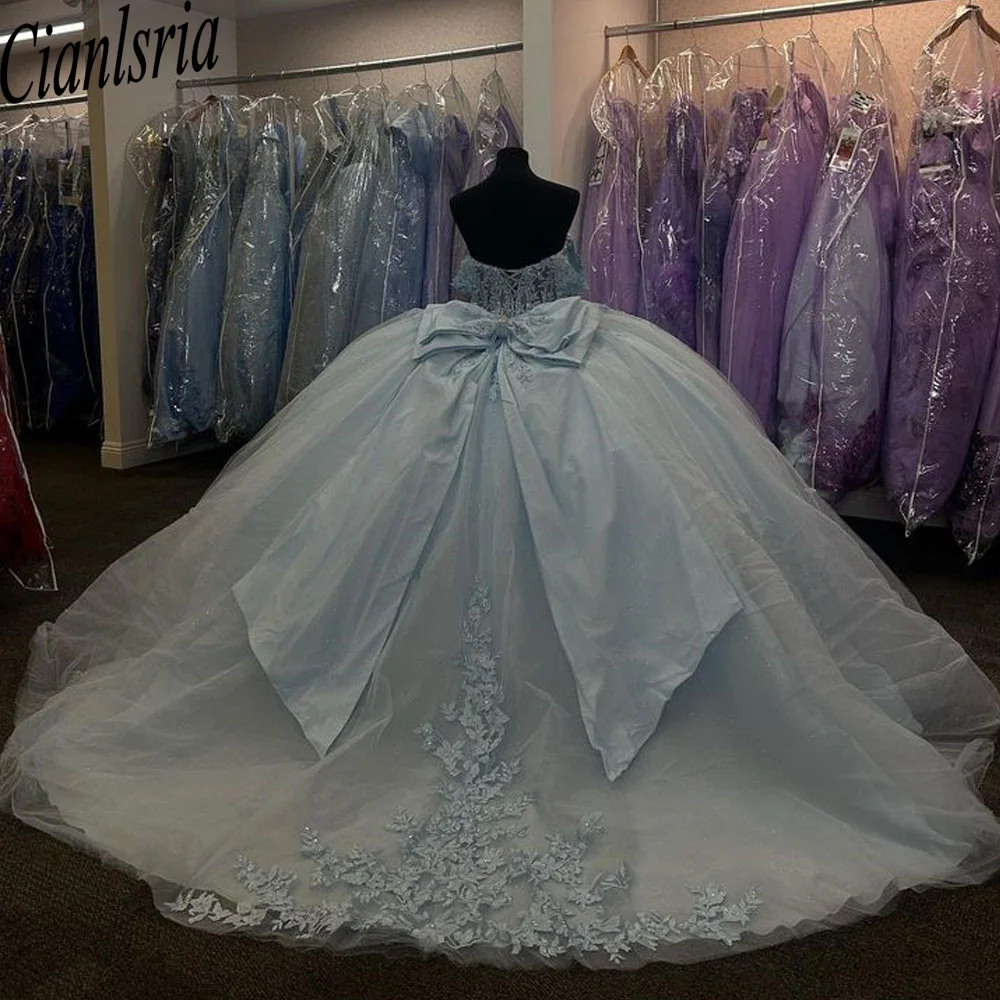 Кружевное бальное платье небесно-голубого цвета милое Quinceanera 2024 с бисером