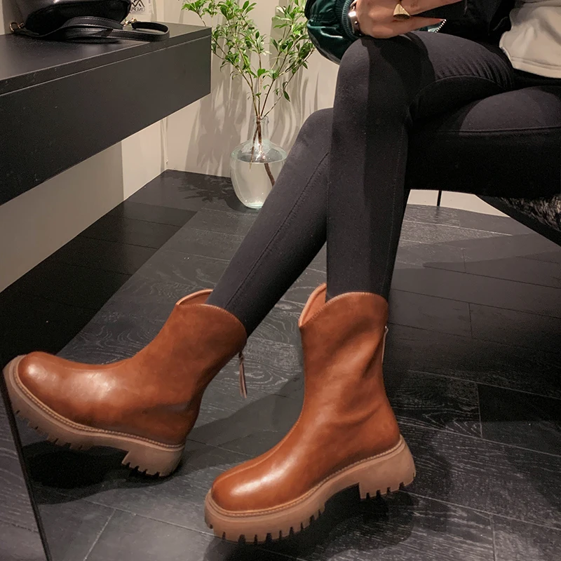 

2022 new Women ankle boots natural leather 22-25CM cowhide western boots round toe back zipper modern boots shoes for women