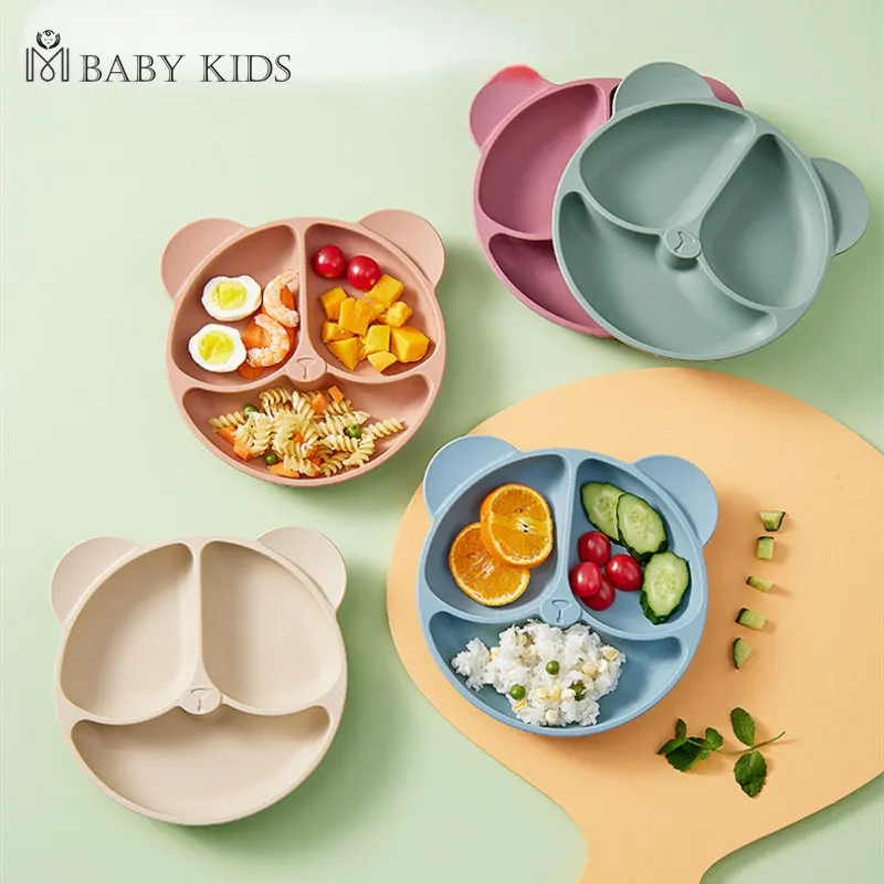 

Безопасная силиконовая чаша на присоске для детей, милая мультяшная детская тарелка с изображением медведя, тарелка для лица, посуда, тарелка в стиле ретро, Экологически чистая