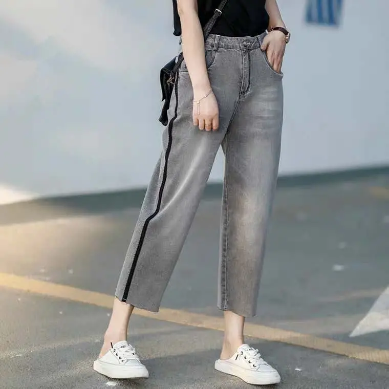 

Grey Denim Harlan Pants Women's Loose Cropped Pants Fashion Spring/summer Side Vertical Stripe Stretch Casual Pants