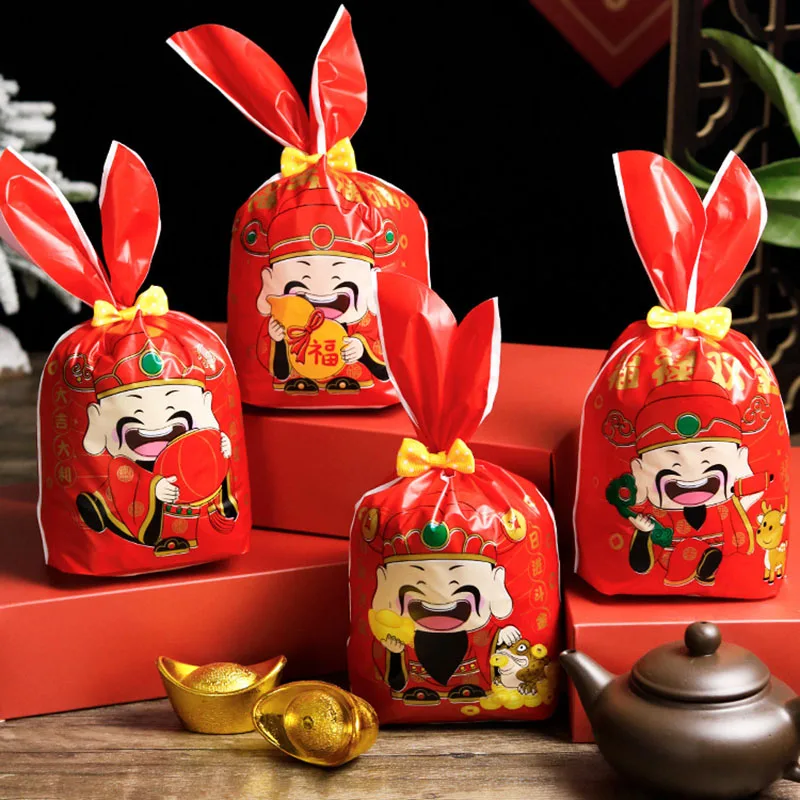 

AQ Cute Cartoon lucky Little God Of Wealth 4in1 Festive Red Ribbon Drawstring Bag Chinese Style DIY Gold Ingot Bless Candy Bags