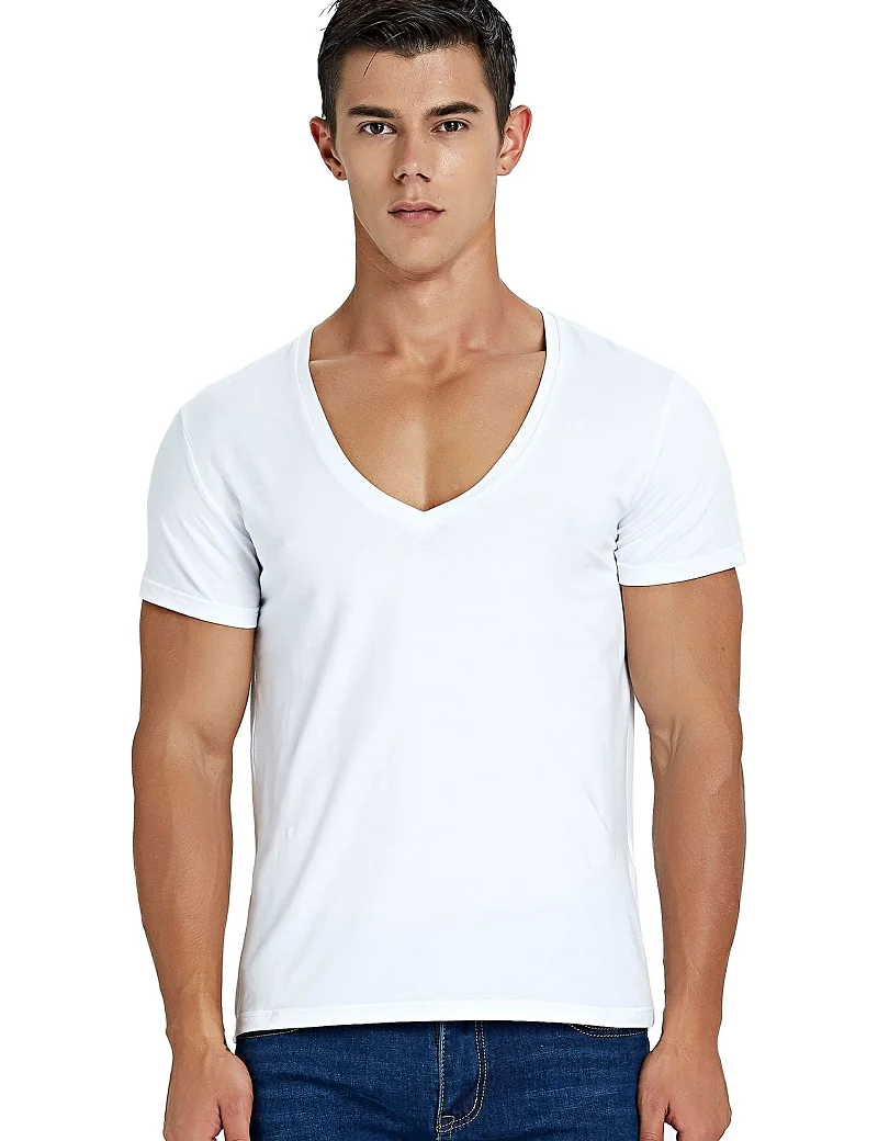 NO.2-A140 Deep V Neck T Shirt for Men Low Cut Scoop Neck Top Tees Drop Tail Short Sleeve Male Cotton Casual Style