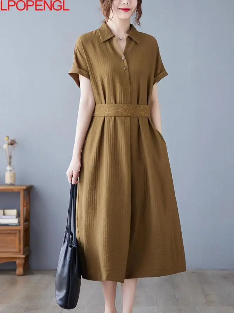 Summer Solid Color Pullover Dress 2023 Women's New Short-sleeved Temperament Retro Literary Waist Mid-length Shirt Dress Tide