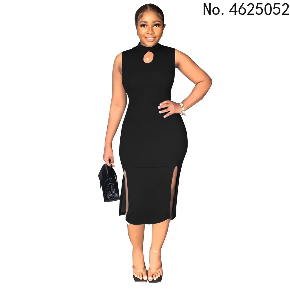 

Polyester African Dresses for Women Summer African Women Sleeveless Round Neck Purple Black Blue Knee-length Dress