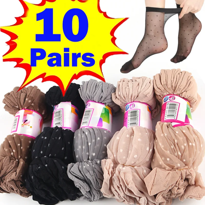 10pairs Black Dot Transparent Socks Ultra-thin Elastic Women Crystal Silk Socks Nylon Fashion Ladies Summer Short Ankle Socks