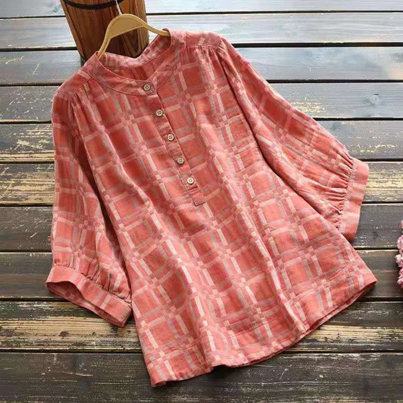 

New Arrival Summer Women Loose Casual Half Sleeve O-neck Blouse All-matched Single Breasted Plaid Cotton Linen Casual Shirts W88