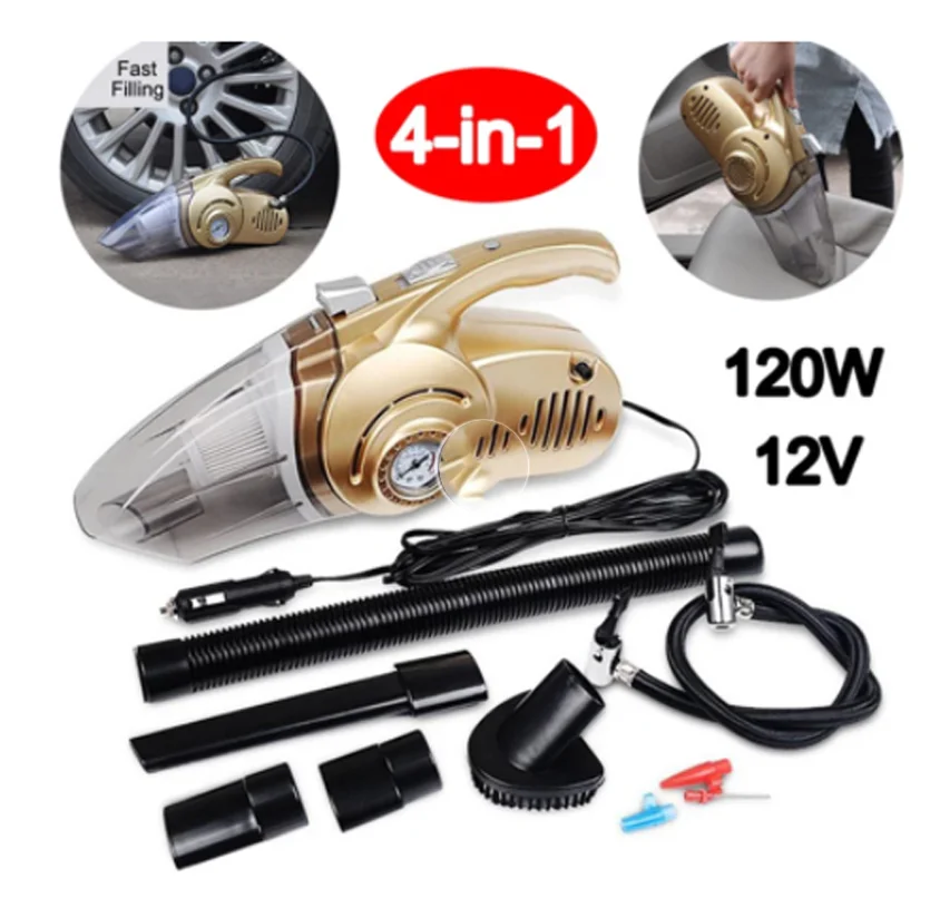 4-in-1 Multi-Function Car Vacuum Cleaner Portable Wet and Dry Auto Care with Tire Pressure Gauge and Air Pump Inflator Lighting