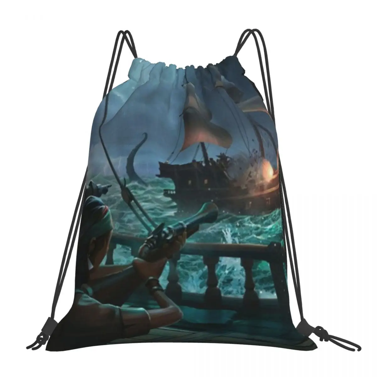 

Sea Of Thieves Ship Gunfight Backpacks Multi-function Portable Drawstring Bags Drawstring Bundle Pocket Sports Bag Book Bags