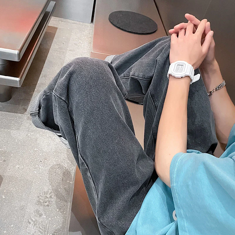 Summer Grey Blue Jeans Men Fashion Casual Straight Jeans Men Streetwear Hip Hop Loose Denim Pants Mens Cropped Pants M-3XL