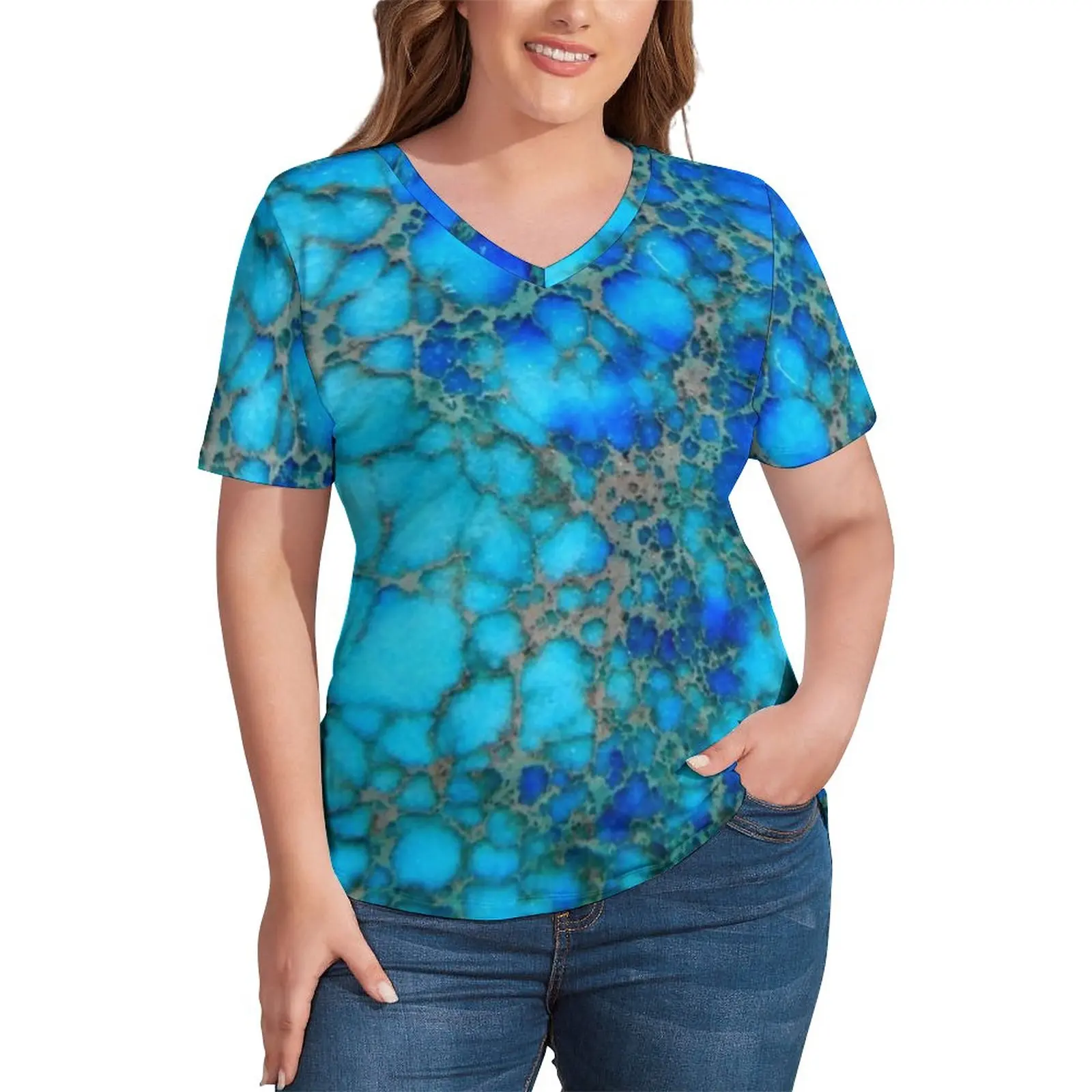 

Blue Marble T Shirt Turquoise Stone Print Cute V Neck T-Shirts Short Sleeves Streetwear Tee Shirt Summer Top Tees Plus Size 5XL