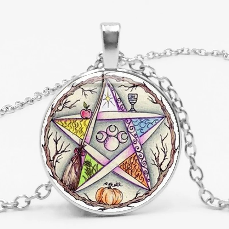 

Statement New Esoteric Pentagram Necklace Vintage Wicca Star Tree of Life Crystal Glass Pendant Chain Necklace Handmade Artwork