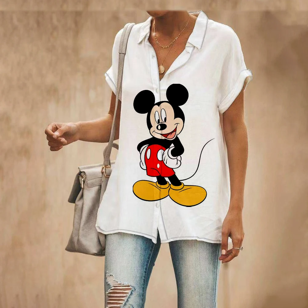 

Disney Minnie Mickey Loose Casual Top 3D Print Lapel Slim Shirt Short Sleeve Shirt Top Summer