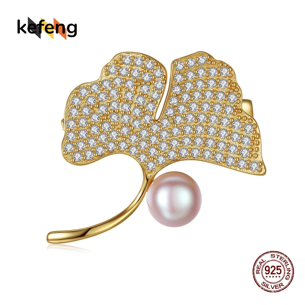 

kefeng S925 Silver Brooch High-end Exquisite Pin Apricot Leaf Pearl Stitching Corsage Light Luxury Niche All-match