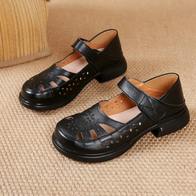 Wide Toe Orthopedic Sandals Women's Cutout Genuine Leather Shoes Woman Gladiators Summer Block Low Heels Mary Jane Sandals Shoes