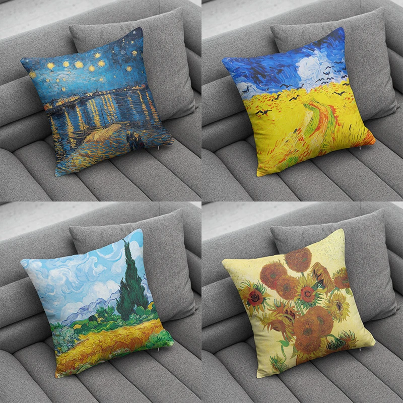 

Van Gogh oil painting decorative pillowcase starry sky Self-portrait Sunflower sofa bedroom home decoration cushion cover