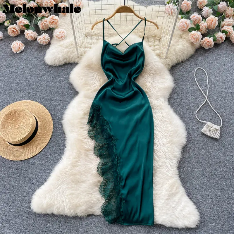 

MelonWhale Women Green Silk Lace Asymmetrical Dress Sexy Elegant Strapless Camiole Loose Fit Fashion Tide 2023 Spring Ummer M355