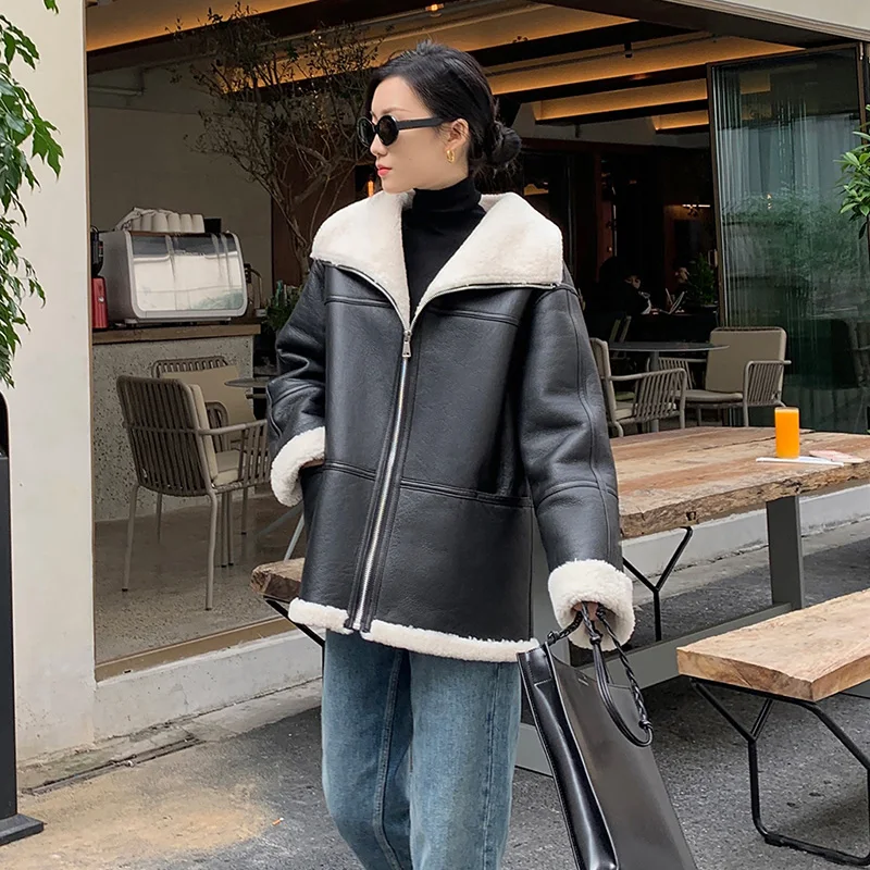 2022 Women Leather Jackets Shearing Real Sheepskin Leather Motorcycle Jacket Solid Simple Fur Lining Winter Warm Coats MH3894L