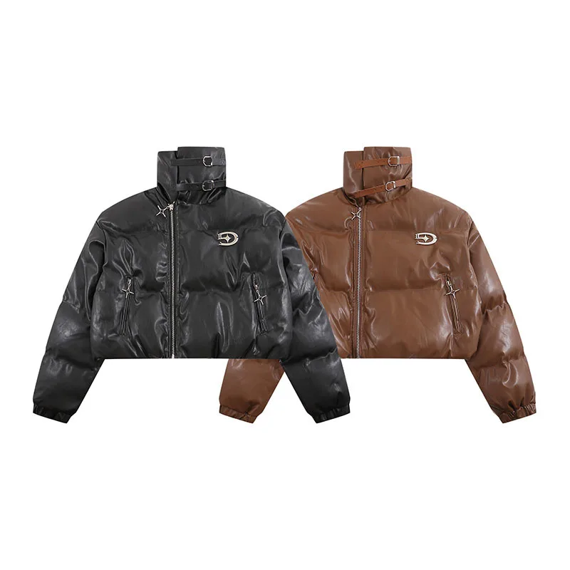 Теплая женская зимняя куртка из искусственной кожи с подставкой и пряжкой