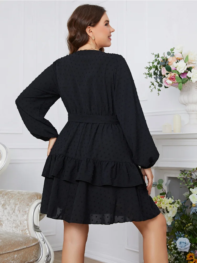 Temperament V-neck Multi layered Lace Dress Lantern Sleeves Large Dress plus size feminino evening dresses