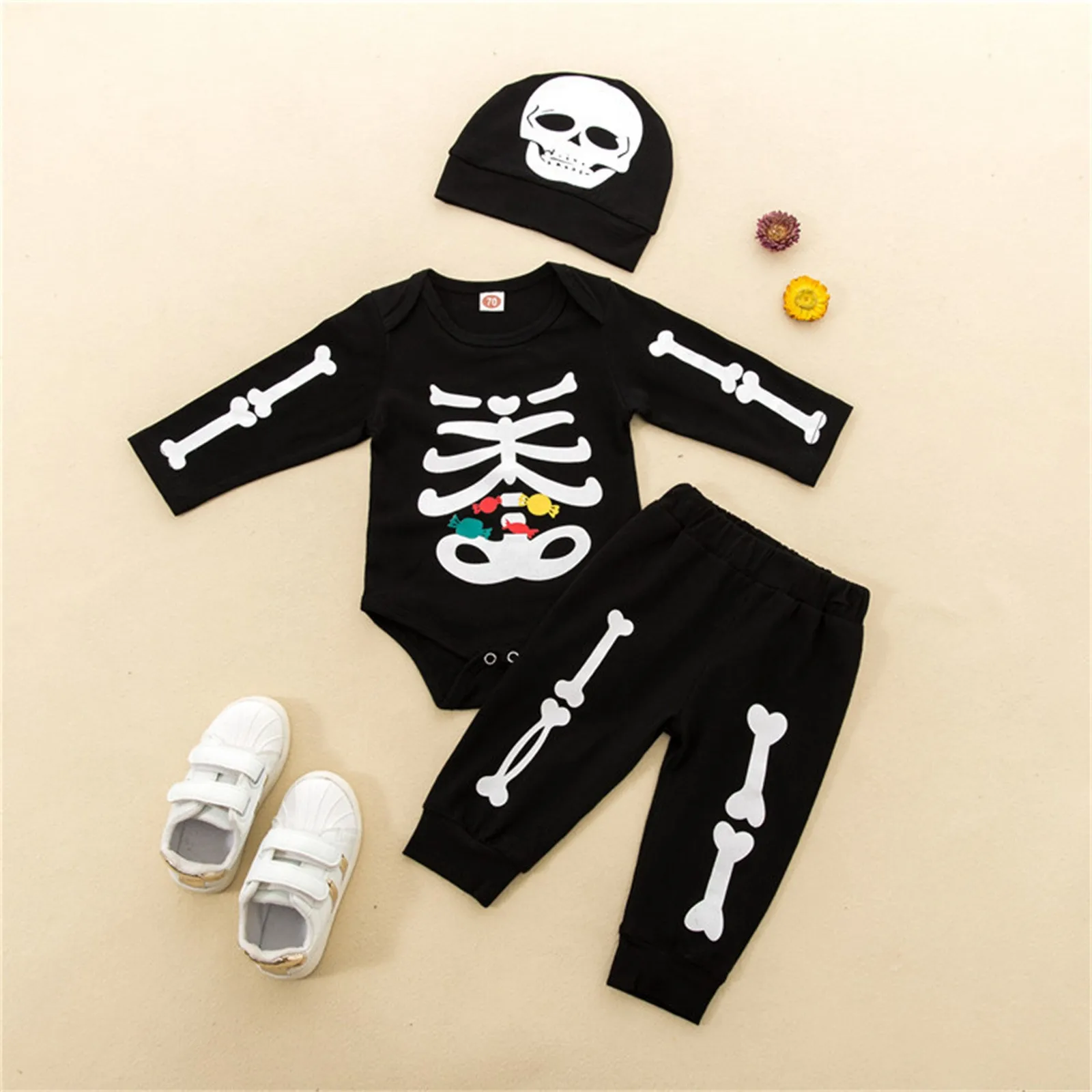 

0-18 Months Newborn Infant Baby Boys Halloween Costumes 2022 Long Sleeve Skeleton Romper Tops Pants Hat Outfits 3PCS Clothes Set
