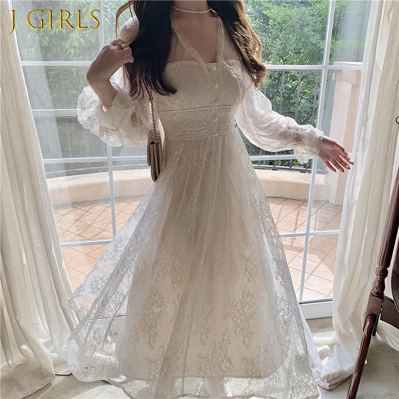 

J GIRLS Fairy Elegant Dress Women Casual Party Vintage Dress Female Retro Long Sleeve Sexy Lace Dress Korean Spring Vestidos